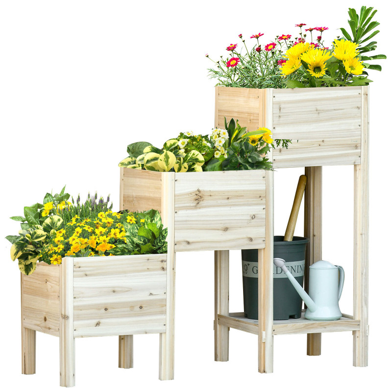 3 Tier Raised Garden Bed w/ Storage Shelf Elevated Wooden Planter Box Kit