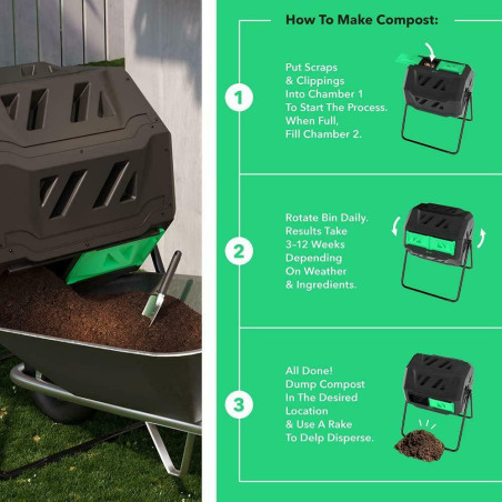 Tumbling Outdoor Compost Bin Dual Chamber 360° UV/Rust Proof 42 Gallon